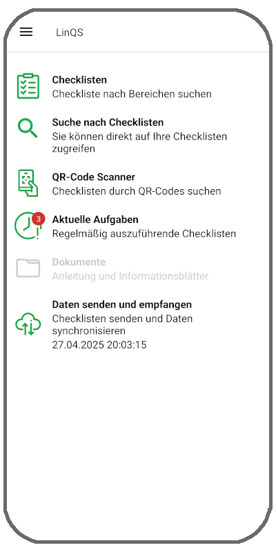 Auf der Startseite der LinQS App können Sie ihre Checklisten aufgelistet anzeigen lassen, sie können einzelne Checklisten aber auch per Suchbegriff oder QR Code suchen. Hier werden Sie darüber hinaus über aktuelle Aufgaben benachrichtigt, können auf Ihre Dokumente zugreifen und die App mit der Cloud synchronisiere