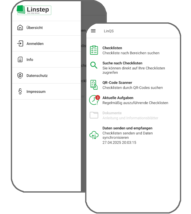 Nach der Anmeldung in der App gelangen Sie auf die Startseite. Von dort aus können Sie auf Ihre Checklisten und Dokumente zugreifen und ihren Arbeitsfortschritt erfassen.